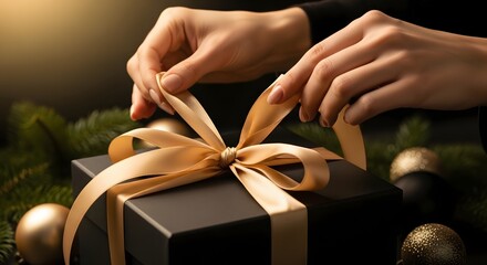 Hands tying bow on elegant gift box with golden ribbon
