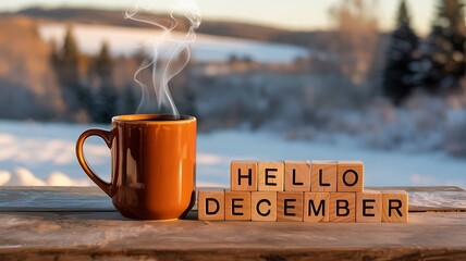 Hot steaming coffee mug with hello december blocks in winter landscape