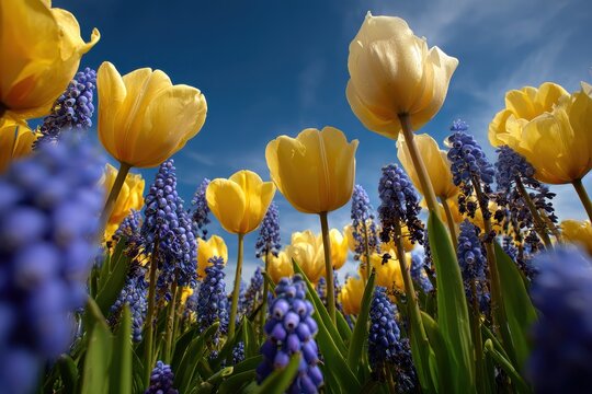 Bright yellow tulips and blue hyacinths sway gently in the breeze under a clear sky during a vibrant spring day in a colorful flower garden