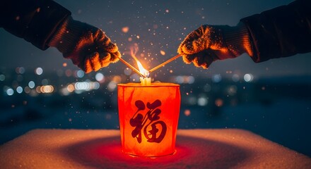 Hands lighting red candle with Chinese character for luck
