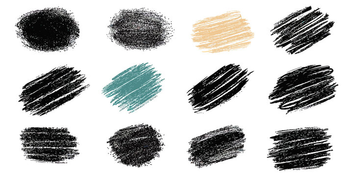 Set of hand drawn chalk texture stains and rough crayon brush strokes collection with scratch and scribble effect on white background vector illustration