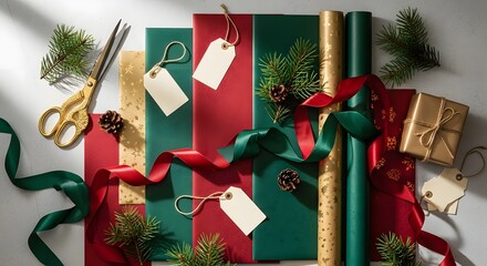 Flat lay of Christmas gift wrapping tools and decorations