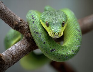 Fototapeta premium Close-up of a vibrant green snake coiled on a branch