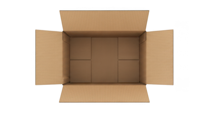 Open cardboard box viewed from above isolated on transparent background