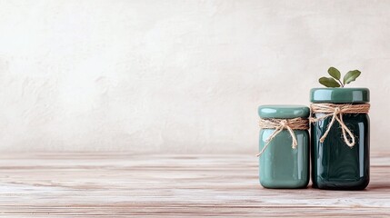 Two decorative glass jars, one smaller and teal, the other larger and dark green, are tied with twine and placed on a wooden surface with a subtle plant sprout