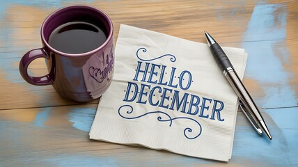A mug of coffee and a napkin with hello december written on it