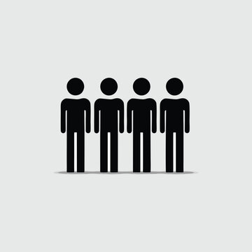 A minimalist graphic illustration of four black stick figures standing in a row against a light gray background.