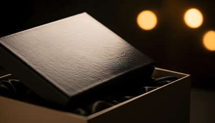 Black luxury jewelry box on golden bokeh background