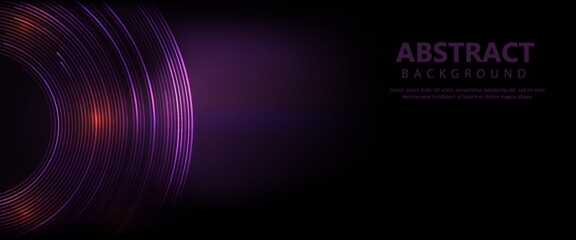 Purple empty scene with blue line neon lamps on background and pink digital podium with hologram of digital rings in dark room