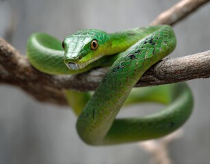 Fototapeta premium Close-up of a vibrant green snake coiled on a weathered branch