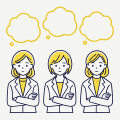 Thinking Woman in Business with Cloud Speech Bubbles Vector