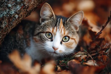 Bright-eyed cat exploring a bed of colorful autumn leaves in a serene outdoor setting surrounded by nature