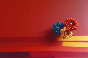 Obraz premium Minimalistic vibrant flowers on gradient red and yellow background for creative projects