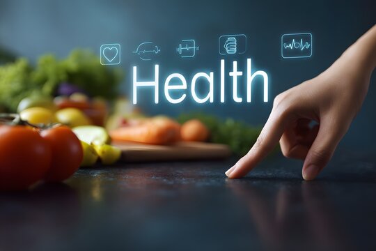 A hand touches the word Health with icons for well-being.