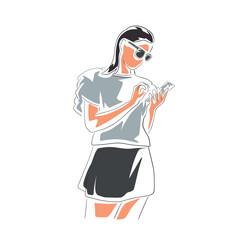 Stylish woman using smartphone, wearing sunglasses and summer outfit. Modern lifestyle concept, isolated vector illustration in flat line art design.