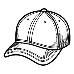 A simple, graphic illustration of a baseball cap in black ink on a white background. Features classic cap construction.