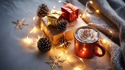Cozy christmas morning with hot chocolate and gifts