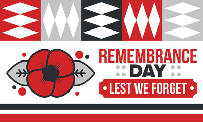 Obraz premium Remembrance Day. Lest we Forget. Remembrance poppy. Poppy day. Memorial day observed in Commonwealth member states to honour armed forces members who have died in the line of duty. Red poppy. Vector