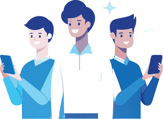 Happy Men with Mobile Device Cartoon Vector Illustration