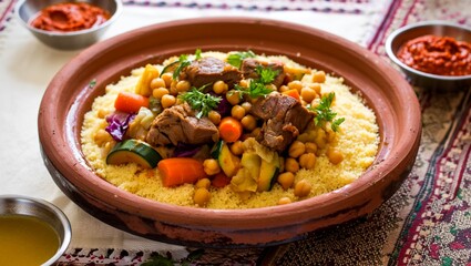 Hearty and Aromatic Traditional Moroccan Tagine with Lamb or Beef, Couscous, Chickpeas, and Fresh Vegetables Served with Spicy Harissa
