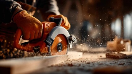 Skilled craftsman cuts wood with precision using a circular saw in a workshop filled with sawdust and warm light