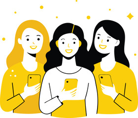 Three Friends Looking at Phones Illustration