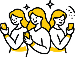 Line art illustration of group women holding smartphones