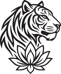 Tribal tattoo design of a tiger with lotus symbolizing strength and spiritual power.