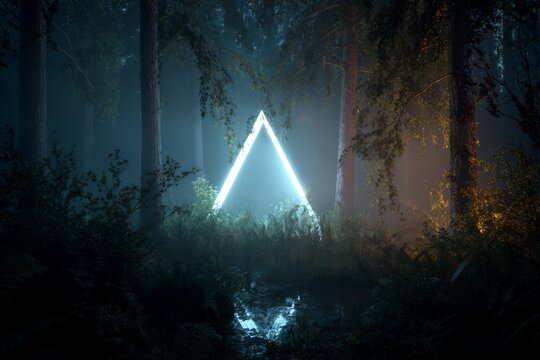 A glowing pyramid levitates in a misty forest clearing, radiating mystical energy and curiosity.