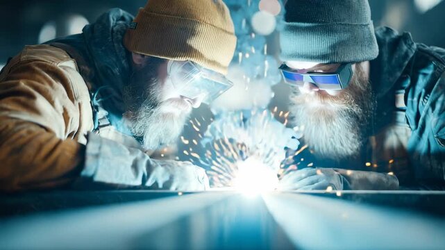 Skilled workers engage in metal fabrication with welding sparks in a lively workshop environment