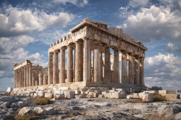 Obraz premium Majestic view of Parthenon Temple on Acropolis in Athens Greece showcasing ancient architecture under a dramatic sky during the day