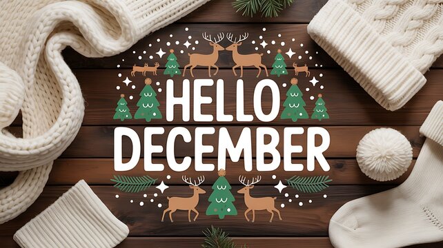 Hello december text with festive deers and trees on wooden background