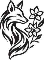 Tribal tattoo design of a fox with flowers symbolizing intelligence and charm.