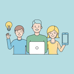 Teamwork with Ideas and Technology Vector Line Illustration Set