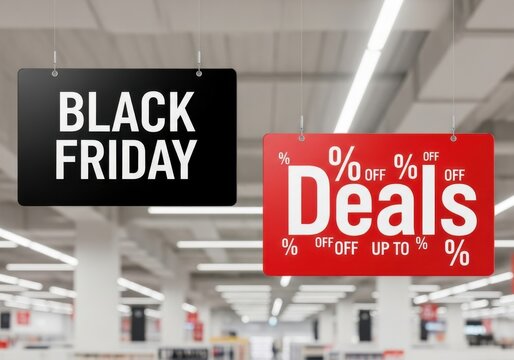 Black Friday deals sign hanging in store with blurred background image