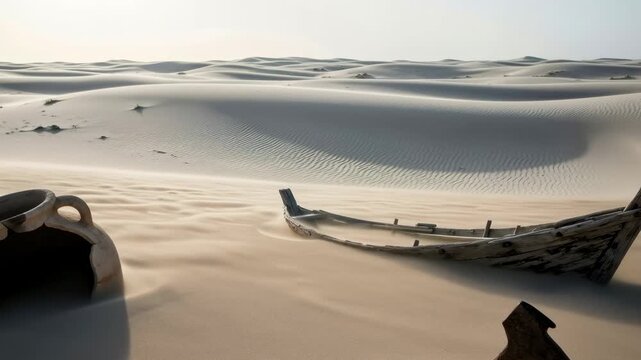 Ancient boat wreck and pottery pot slowly emerge from desert sand dunes in a long time lapse, lost civilization concept footage.