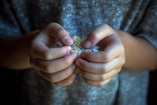 Kid boy holds colorful puzzle pieces in hands while concentrating on assembling them, showcasing a focused moment of childhood creativity and problem-solving skills
