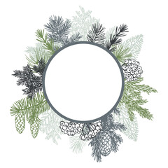 Hand-drawn branches and cones of coniferous trees. Sketch Christmas plants. Vector frame.  