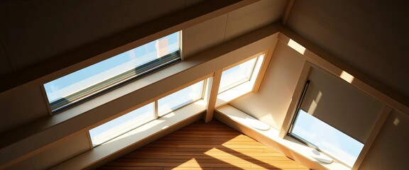 Fototapeta premium Close-up of sloped roof with open vasistas windows, natural light streaming in, perspective, wood