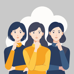 Three Thoughtful Women Illustration Group Thinking Together