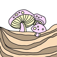 Funky hand-drawn illustration of three pink and yellow spotted mushrooms growing on a psychedelic wavy brown ground. Retro 70s style vector art for fantasy, nature, or hippie concepts.