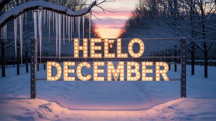 Hello december illuminated sign in snowy landscape at sunset
