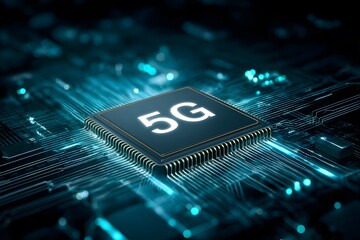 A computer chip displays the 5G symbol on a circuit board.