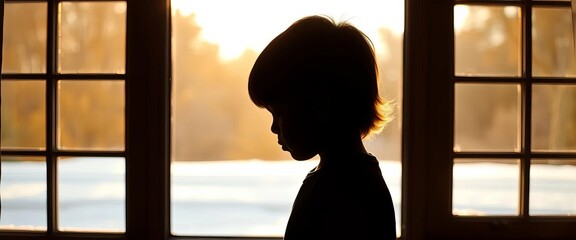 Dark silhouette of a childlike figure, framed by a window, fantasy, black