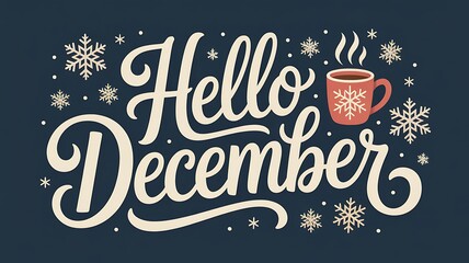Hello december text with snowflakes and hot chocolate mug