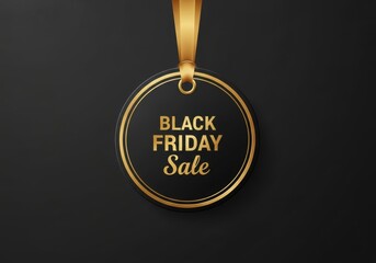 Black Friday sale tag with gold ribbon and border on dark background label