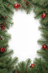 Fototapeta premium Create stunning holiday cards with this festive frame of fresh Christmas tree branches and red ornaments on a bright white background