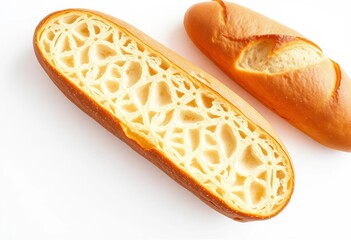 Golden-brown baguette, crisp crust, simple white background,   background,   still life