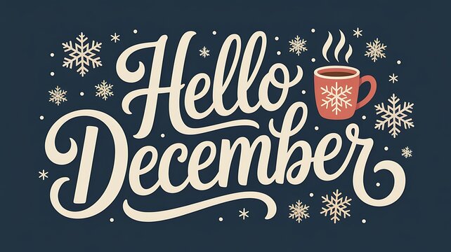 Hello december text with snowflakes and hot chocolate mug