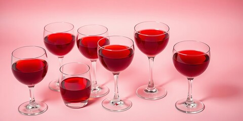 Elegant red liqueur glasses arranged in a geometric pattern on a soft pink background,  bar,  alcohol